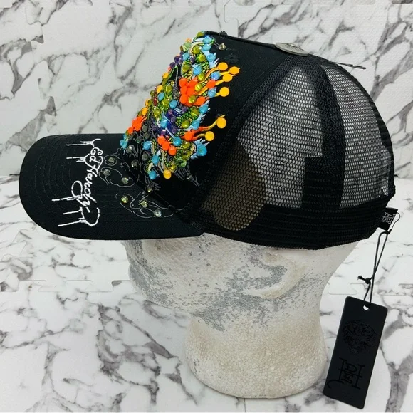 Ed Hardy Dragons BlackMulticolor Rhinestone Trucker Hat NWT